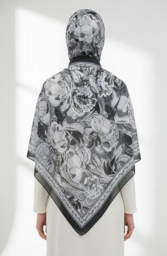 وشاح قطني منقوش بتصميم شرنقة، 70327-06، أسود رمادي 70327-06