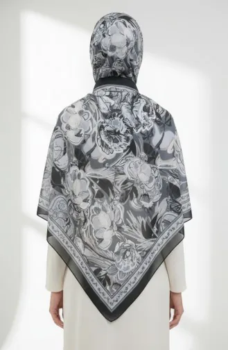 Pamuklu Desenli Koza Şal 70327-06 Siyah Gri