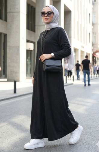 Örme Kumaş Kışlık Düğme Detaylı Tesettür Elbise 2184-01 Siyah
