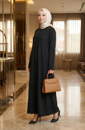 Örme Kumaş Kışlık Düğme Detaylı Tesettür Elbise 2184-01 Siyah