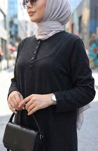 Örme Kumaş Kışlık Düğme Detaylı Tesettür Elbise 2184-01 Siyah