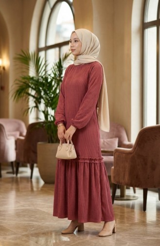 Piliseli Tesettür Elbise 2186-02 Gül Kurusu 2186-02