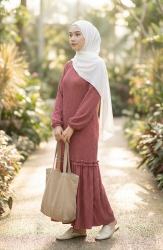 Piliseli Tesettür Elbise 2186-02 Gül Kurusu 2186-02