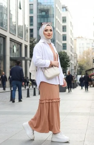 Piliseli Tesettür Elbise 2186-03 Sütlü kahve 2186-03