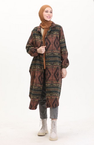 Winterjas Met Etnische Print En Knoopsluiting 2500-06 Baksteenrood Smaragdgroen 2500-06