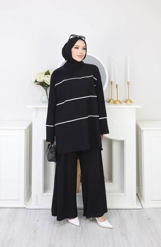 طقم مكون من قطعتين: بلوزة مخططة بلون رملي وبنطال، رقم الموديل 5800-02، اللون أسود 5800-02