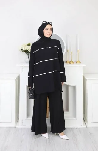 Sandy Çizgili Tunik Pantolon ikili Takım 5800-02 Siyah