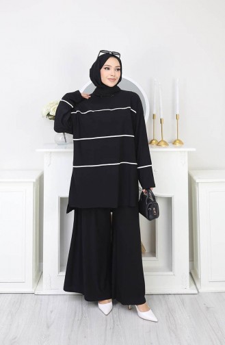طقم مكون من قطعتين: بلوزة مخططة بلون رملي وبنطال، رقم الموديل 5800-02، اللون أسود 5800-02
