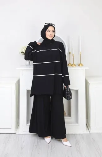 Sandy Çizgili Tunik Pantolon ikili Takım 5800-02 Siyah