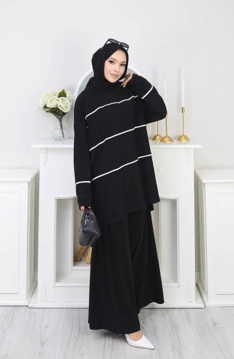 طقم مكون من قطعتين: بلوزة مخططة بلون رملي وبنطال، رقم الموديل 5800-02، اللون أسود 5800-02