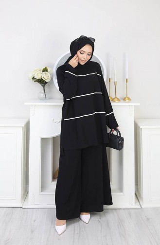 طقم مكون من قطعتين: بلوزة مخططة بلون رملي وبنطال، رقم الموديل 5800-02، اللون أسود 5800-02