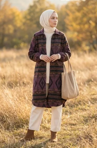 Winterjas Met Etnische Print En Knoopsluiting 2500-01 Paars Terracotta 2500-01