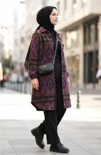 Winterjas Met Etnische Print En Knoopsluiting 2500-01 Paars Terracotta 2500-01