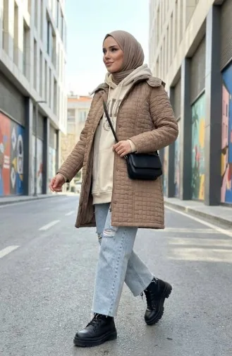 جاكيت مبطن بغطاء رأس بمقاسات كبيرة 6132-04 لون المنك 6132-04