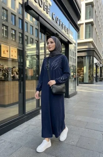 Robe Hijab D`hiver En Maille Imprimée Pierre 2194-01 Bleu Marine 2194-01