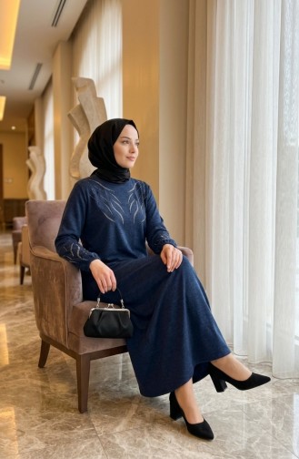 Robe Hijab D`hiver En Maille Imprimée Pierre 2194-01 Bleu Marine 2194-01