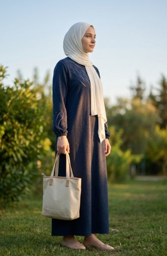 Robe Hijab D`hiver En Maille Imprimée Pierre 2194-01 Bleu Marine 2194-01