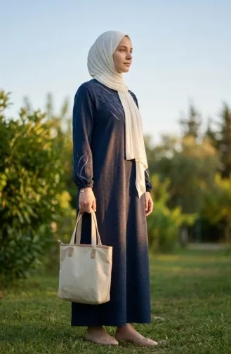 Robe Hijab D`hiver En Maille Imprimée Pierre 2194-01 Bleu Marine 2194-01