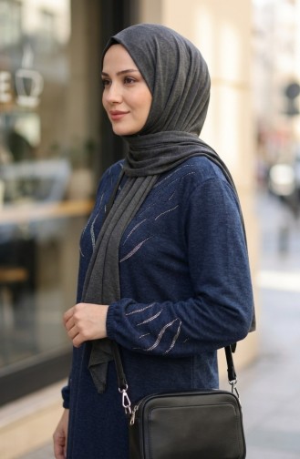 Robe Hijab D`hiver En Maille Imprimée Pierre 2194-01 Bleu Marine 2194-01