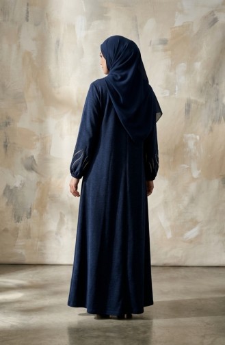 Robe Hijab D`hiver En Maille Imprimée Pierre 2194-01 Bleu Marine 2194-01