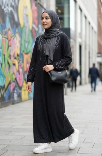 Robe Hijab D`hiver En Maille Imprimée Pierre 2194A-02 Noir 2194A-02