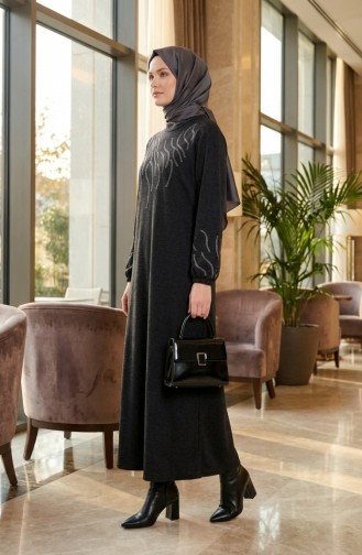 Robe Hijab D`hiver En Maille Imprimée Pierre 2194A-02 Noir 2194A-02