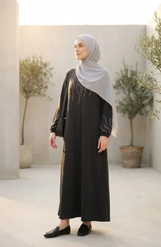 Gebreide Winterjurk Met Steenprint En Hijab-design 2194A-02 Zwart 2194A-02