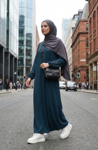 Robe Hijab D`hiver En Maille Imprimée Pierre 2194-02 Pétrole 2194-02