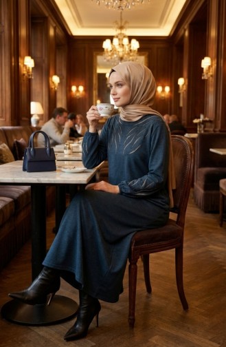 Robe Hijab D`hiver En Maille Imprimée Pierre 2194-02 Pétrole 2194-02