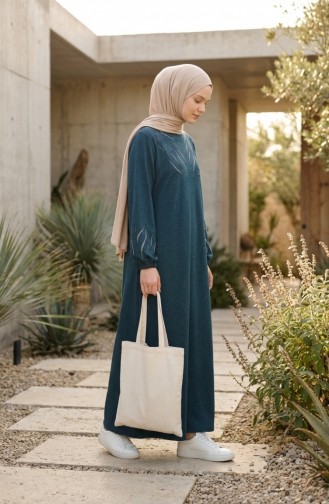 Robe Hijab D`hiver En Maille Imprimée Pierre 2194-02 Pétrole 2194-02