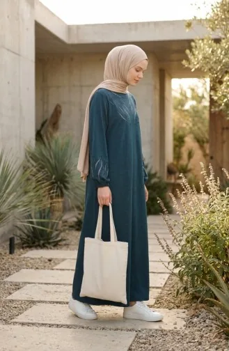 Robe Hijab D`hiver En Maille Imprimée Pierre 2194-02 Pétrole 2194-02