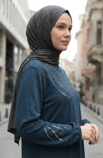 Robe Hijab D`hiver En Maille Imprimée Pierre 2194-02 Pétrole 2194-02