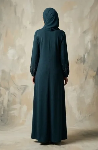 Robe Hijab D`hiver En Maille Imprimée Pierre 2194-02 Pétrole 2194-02