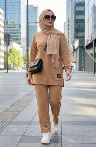 Ensemble Deux Pièces Tunique Et Pantalon à Détail Emblème 0228-01 Café Au Lait 0228-01