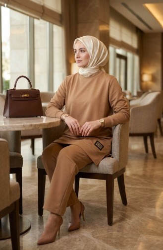 Ensemble Deux Pièces Tunique Et Pantalon à Détail Emblème 0228-01 Café Au Lait 0228-01