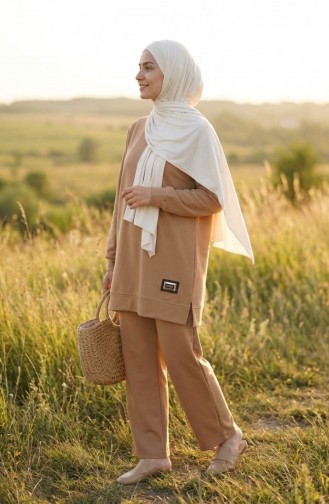 Ensemble Deux Pièces Tunique Et Pantalon à Détail Emblème 0228-01 Café Au Lait 0228-01