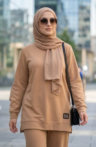 Ensemble Deux Pièces Tunique Et Pantalon à Détail Emblème 0228-01 Café Au Lait 0228-01