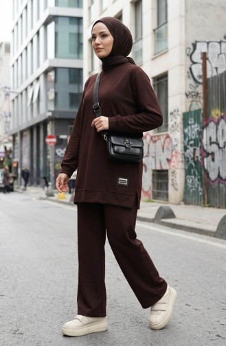 Emblem Detail Tunic And Pants Two-Piece Set 0228-04 Brown 0228-04