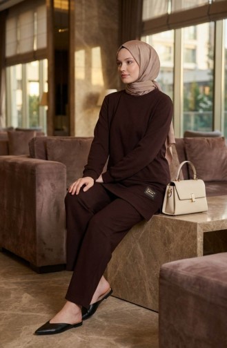 Emblem Detail Tunic And Pants Two-Piece Set 0228-04 Brown 0228-04