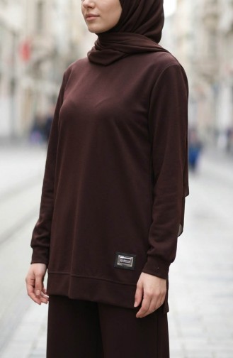 Emblem Detail Tunic And Pants Two-Piece Set 0228-04 Brown 0228-04