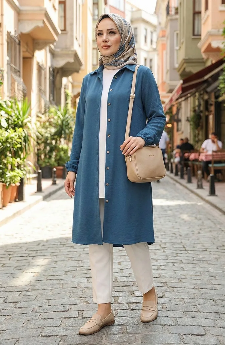 Elastic Sleeve Viscose Tunic 0171-01 Petrol 0171-01