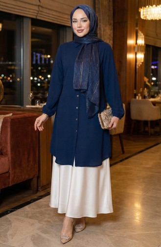 Elastic Sleeve Viscose Tunic 0171-05 Navy Blue 0171-05