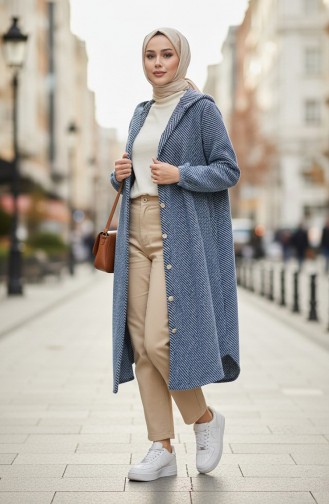 Manteau En Cachemire à Capuche Et Boutons 0201-02 Indigo 0201-02