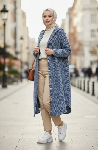 Manteau En Cachemire à Capuche Et Boutons 0201-02 Indigo 0201-02