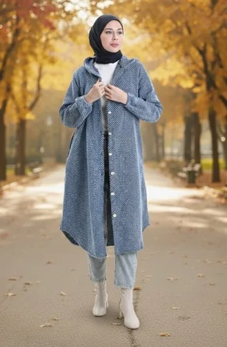 Manteau En Cachemire à Capuche Et Boutons 0201-02 Indigo 0201-02