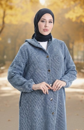 Manteau En Cachemire à Capuche Et Boutons 0201-02 Indigo 0201-02