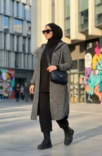Kapüşonlu Düğmeli Kaşe Kap 0201-19 Siyah 0201-19