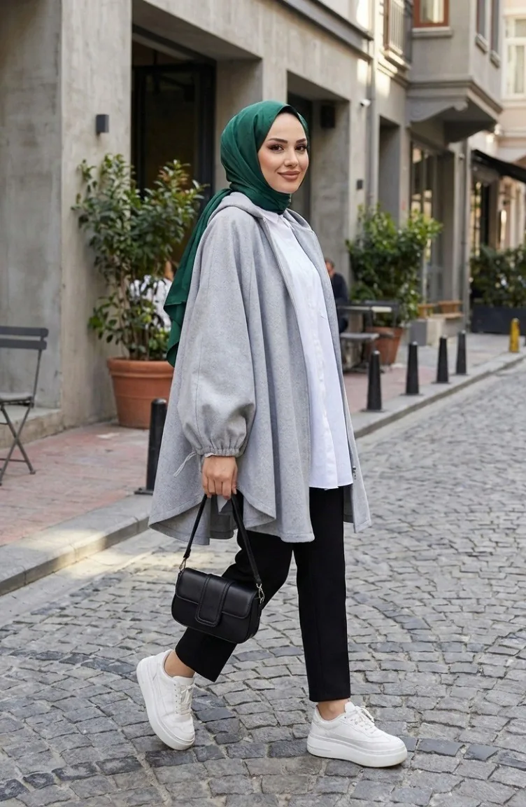 Poncho à Capuche En Cachemire 0505-05 Gris 0505-05