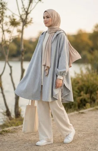 Poncho à Capuche En Cachemire 0505-05 Gris 0505-05