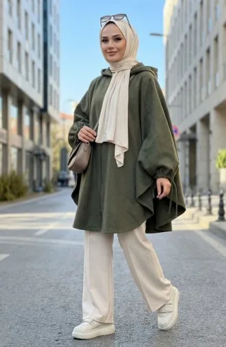 Poncho à Capuche En Cachemire 0505-08 Vert Kaki 0505-08